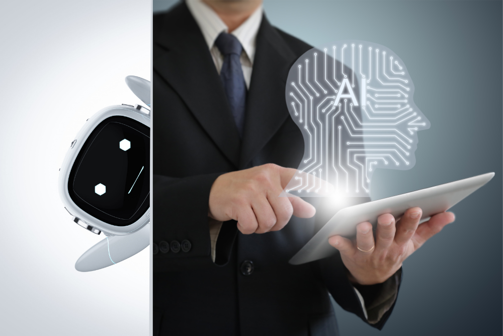 Homem usando computador com ícones de IA ao redor, simbolizando a integração da inteligência artificial no dia a dia.
