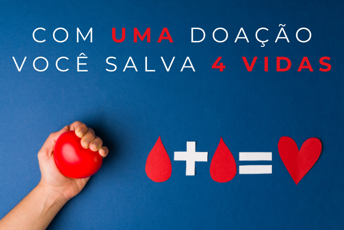 "Uma única doação pode salvar até 4 vidas", em destaque sobre fundo vermelho com gotas de sangue estilizadas.