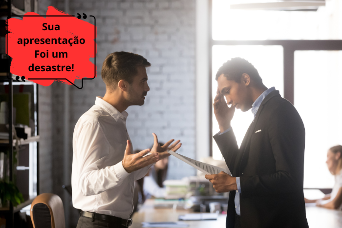 Exemplo de crítica destrutiva: 'Sua apresentação foi um desastre.', sem foco na solução.