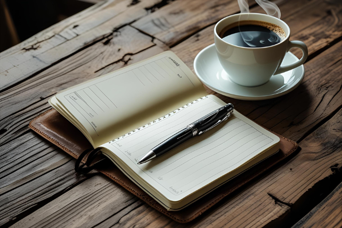 Caderno aberto com caneta sobre mesa de madeira, café ao lado, clima de introspecção e domingo calmo