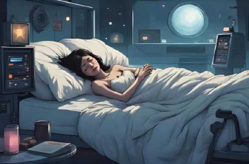 Concept art em estilo anime surreal mostrando um corpo humano dormindo, com elementos estranhos e simbólicos ao redor (como engrenagens, luzes, olhos abertos, fumaça de sonho), atmosfera misteriosa, cores suaves com toques vibrantes. Destaque do Artigo: TOP 10 Coisas Bizarras Que Seu Corpo Faz Enquanto Você Dorme.