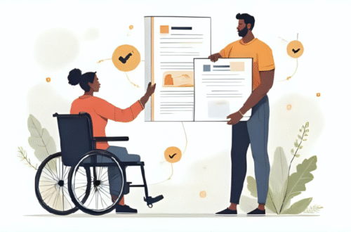 Imagem destacada: Lei de Cotas e Transtornos Mentais: Direitos, Mudanças e Como Acessar - Uma imagem digital ilustrativa com uma pessoa segurando um formulário e uma cadeira de rodas, com ícones de check, representando inclusão e acessibilidade no ambiente de trabalho.