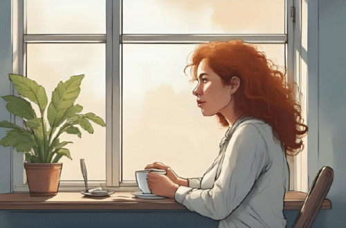 Imagem Destacada do Artigo Pensamentos Intrusivos: Domine 5 Estratégias para Resgatar Sua Paz Mental! Pessoa em um ambiente tranquilo, olhando para a janela pensativa, com uma xícara de café nas mãos. A cena transmite leveza e introspecção, com tons suaves e luz natural. Ao fundo, elementos sutis que remetam à mente ou pensamentos (como nuvens, desenhos abstratos ou livros abertos).