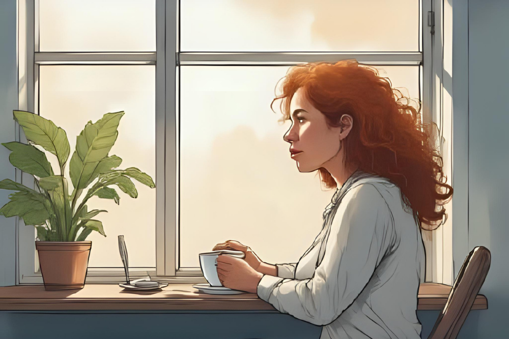 Imagem Destacada do Artigo Pensamentos Intrusivos: Domine 5 Estratégias para Resgatar Sua Paz Mental! Pessoa em um ambiente tranquilo, olhando para a janela pensativa, com uma xícara de café nas mãos. A cena transmite leveza e introspecção, com tons suaves e luz natural. Ao fundo, elementos sutis que remetam à mente ou pensamentos (como nuvens, desenhos abstratos ou livros abertos).