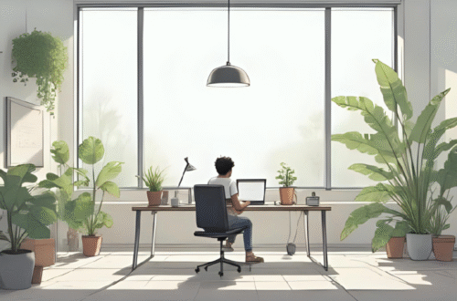 Pessoa trabalhando com leveza e foco em um ambiente calmo e minimalista, luz natural entrando pela janela, plantas ao redor, sensação de produtividade tranquila. Destaque do artigo Produtividade Sem Culpa: 5 Estratégias Para Fazer Mais e Estressar Menos.