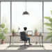 Pessoa trabalhando com leveza e foco em um ambiente calmo e minimalista, luz natural entrando pela janela, plantas ao redor, sensação de produtividade tranquila. Destaque do artigo Produtividade Sem Culpa: 5 Estratégias Para Fazer Mais e Estressar Menos.