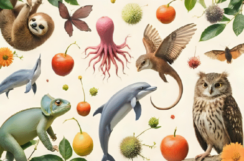 Colagem criativa e divertida com diversos animais curiosos: bicho-preguiça, polvo, ornitorrinco, golfinho, camaleão, coruja, morcego. Cenário leve, colorido e com elementos lúdicos. Transmitir diversão, surpresa e encantamento pelo reino animal. Capa do artigo TOP 10 Curiosidades Divertidas sobre Animais.