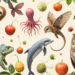 Colagem criativa e divertida com diversos animais curiosos: bicho-preguiça, polvo, ornitorrinco, golfinho, camaleão, coruja, morcego. Cenário leve, colorido e com elementos lúdicos. Transmitir diversão, surpresa e encantamento pelo reino animal. Capa do artigo TOP 10 Curiosidades Divertidas sobre Animais.