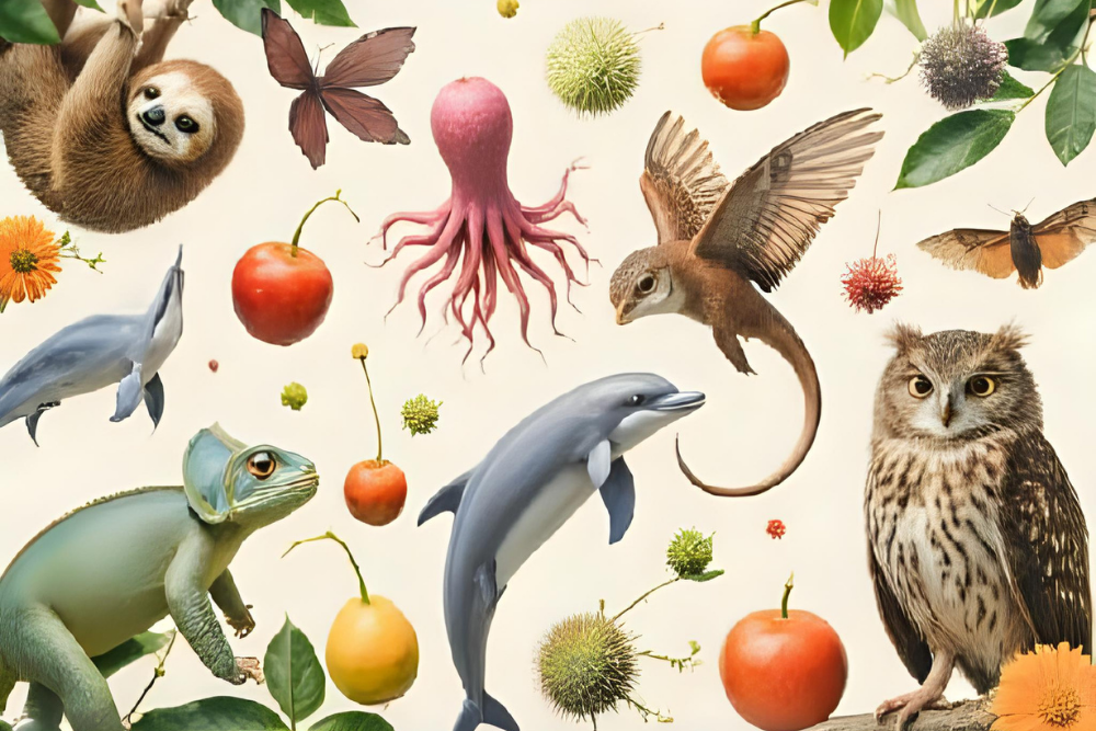 Colagem criativa e divertida com diversos animais curiosos: bicho-preguiça, polvo, ornitorrinco, golfinho, camaleão, coruja, morcego. Cenário leve, colorido e com elementos lúdicos. Transmitir diversão, surpresa e encantamento pelo reino animal. Capa do artigo TOP 10 Curiosidades Divertidas sobre Animais.