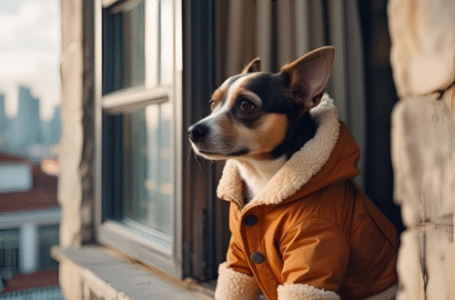 Cachorro pequeno usando roupinha de frio olhando pela janela em São Paulo. Destaque do artigo: Frio em São Paulo: Como Nossos Bichinhos Estão Lidando com Essa "Sibéria Tropical" — E O Que Podemos Fazer Para Ajudar!