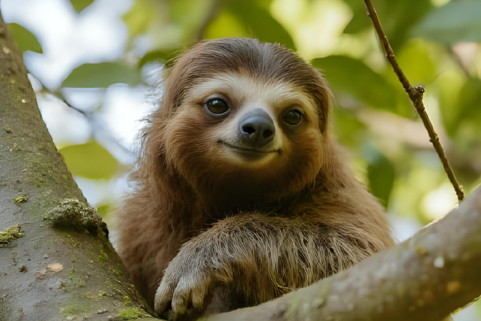 Bicho-preguiça se movendo devagar em uma árvore, com musgo ou algas visíveis no pelo. Clima leve e engraçado, destacando sua lentidão como ponto forte.