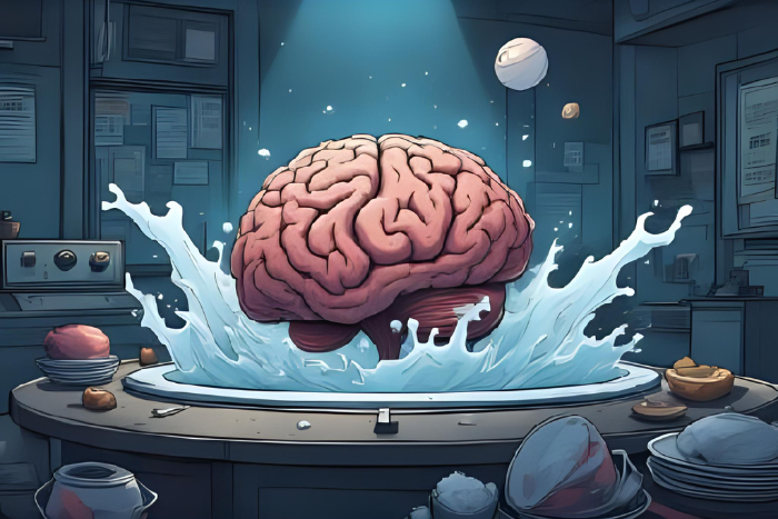 Arte conceitual estilo anime de um cérebro funcionando como máquina de lavar, com espuma, pratos girando e luzes piscando, cenário de fundo noturno e surreal.