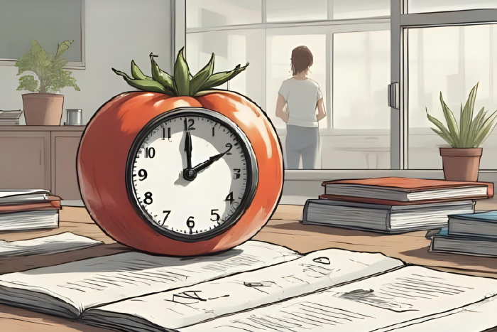 Desenho com um timer de cozinha em destaque (pomodoro clássico), pessoa focada ao fundo com livros e relógio marcando 25 minutos, ambiente organizado.