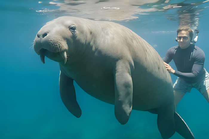 Peixe-boi nadando lentamente e sendo acariciado por um mergulhador. Transmitir doçura, calma e simpatia do animal gigante e pacífico.