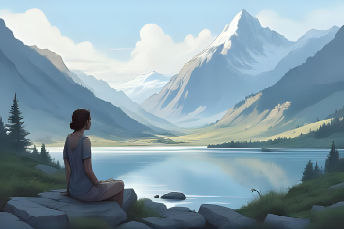 Paisagem serena com montanhas ao fundo e um lago tranquilo à frente. Ao centro, uma pessoa em postura contemplativa, de costas, olhando para o horizonte.