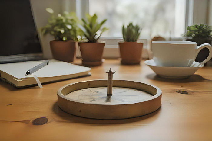 Bússola sobre mesa de trabalho com luz suave e elementos de home office ao redor, símbolo de direção e equilíbrio.