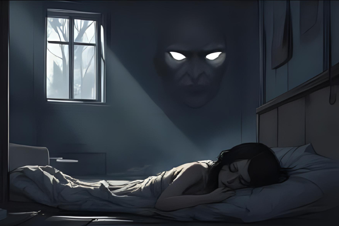 Concept art estilo dark anime com atmosfera sombria, figura dormindo envolta por sombras e olhos espreitando no fundo, clima de mistério e alerta.