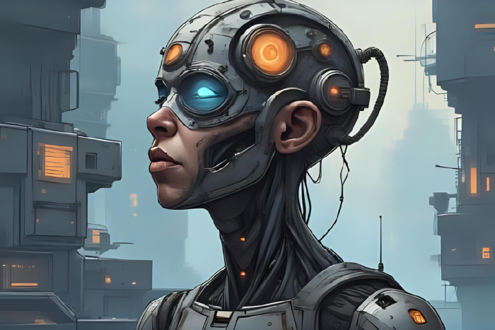 Arte digital mostrando corpo humano com engrenagens, luzes e ícones flutuando, tom questionador e científico, fundo de sonhos nebulosos.