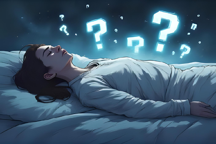 Conclusão: O Mistério Continua
Arte conceitual em estilo anime com personagem deitado, olhos fechados, com uma aura de mistério ao redor, pontos de interrogação flutuando como poeira cósmica.