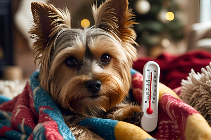 Cachorro da raça Yorkshire com muito frio, todo coberto e segurando um termômetro