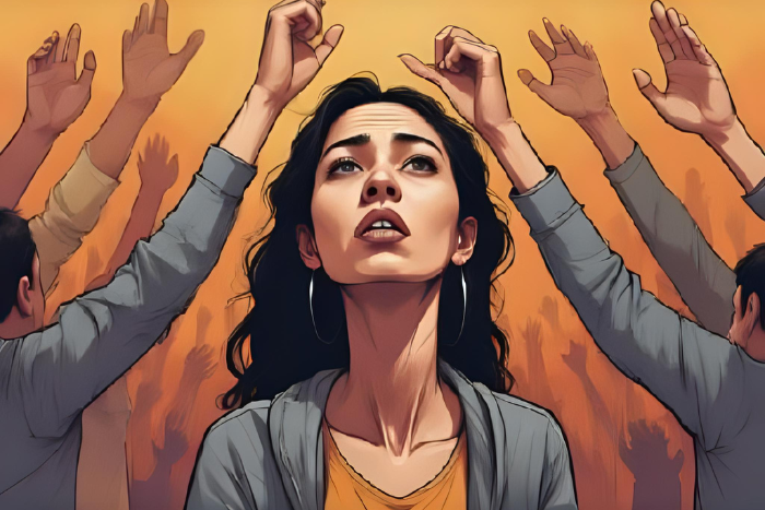 o Pessoa com expressão de dúvida ou receio, cercada por várias mãos estendidas pedindo algo. Cores que transmitam um leve desconforto, mas com esperança.