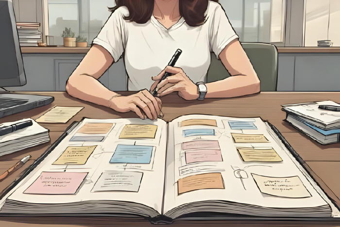 Arte de uma mesa com post-its organizados, caderno aberto com listas e categorias, personagem com expressão serena de quem está no controle