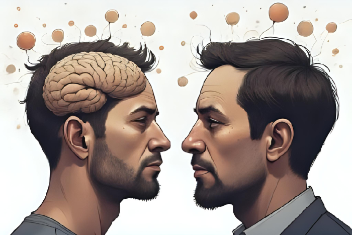 Entendendo a Diferença: Uma imagem de duas pessoas, uma com uma cabeça em forma de cérebro e a outra com círculos de confusão, representando as diferentes naturezas das condições psicossociais e mentais.
