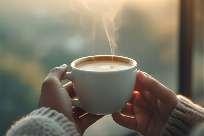 Mãos segurando uma xícara de café, luz suave da manhã, ambiente calmo com sensação de gratidão e aconchego.