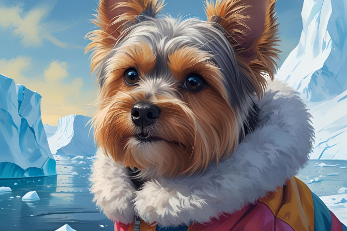 Cachorro da raça Yorkshire com muito frio, na Antártica dos pets
