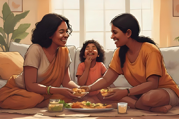 Família não tradicional reunida em casa, rindo e interagindo com afeto. Semelhanças físicas não aparentes, mas conexão emocional visível. Representação simbólica do amor que nasce da convivência.