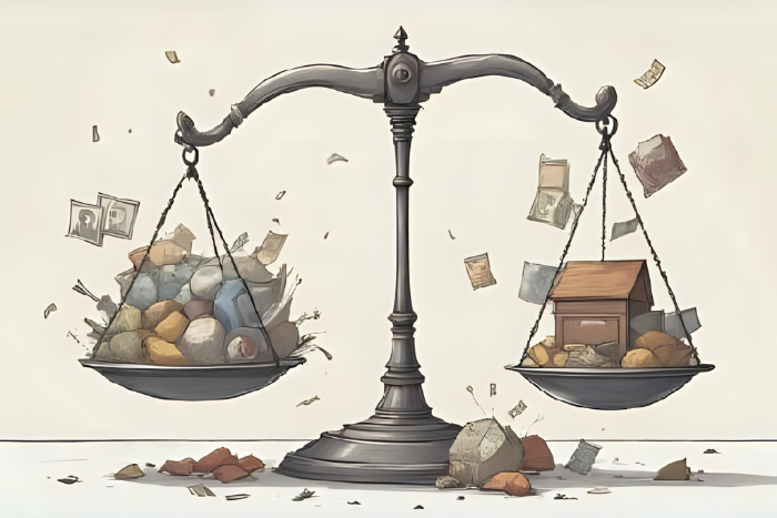 Ilustração mostrando uma balança com poucos itens em um lado causando grande impacto no outro, símbolo de porcentagem e produtividade ao redor.