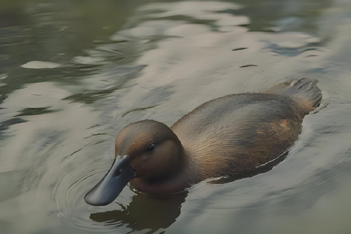 Ornitorrinco nadando ou descansando, destacando bico de pato, cauda de castor e aparência peculiar. Visual de animal 'impossível', meio mágico e engraçado.