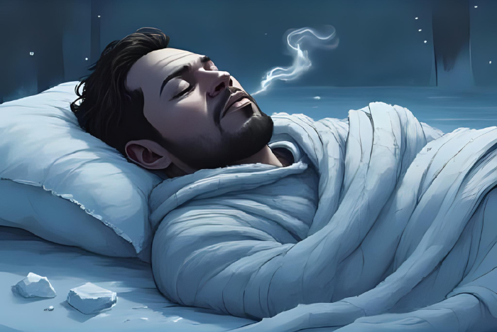 Arte digital mostrando uma figura dormindo com respiração visível no ar frio, tonalidade azul e gelo ao redor, efeito de neblina leve, estilo conceitual anime.