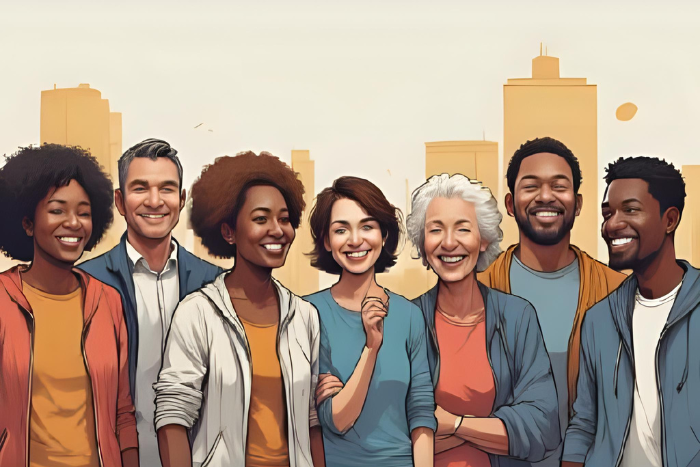 Uma imagem que retrata uma diversidade de pessoas com diferentes características físicas e mentais, simbolizando inclusão e diversidade no mercado de trabalho.