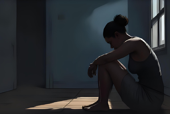 Pessoa sentada sozinha em um quarto escuro com a cabeça abaixada, cercada por sombras que representam culpa, vergonha e medo. A cena deve transmitir isolamento emocional sem ser pesada.