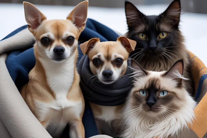 Imagem de cachorros da raça Chihuahua, Pinscher, Whippet/Galgo e Gatos Siameses, com muito frio, envolto em cobertores.