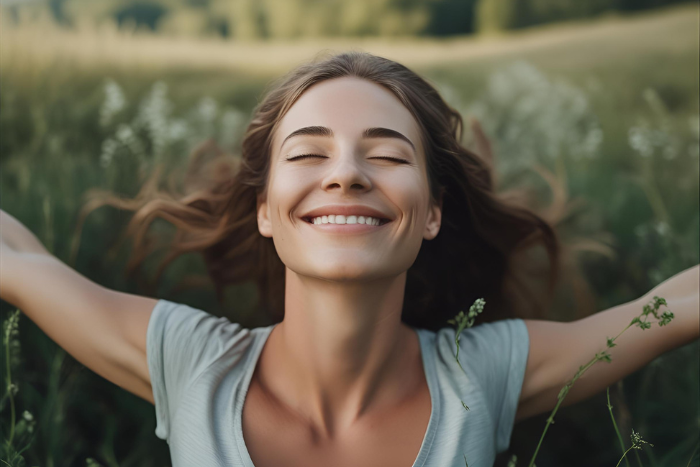 Pessoa sorrindo de olhos fechados em meio à natureza, braços abertos, sensação de leveza e renovação.
