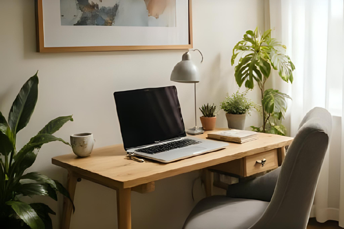 Escritório em casa bem organizado com notebook, cadeira confortável, plantas e boa iluminação.