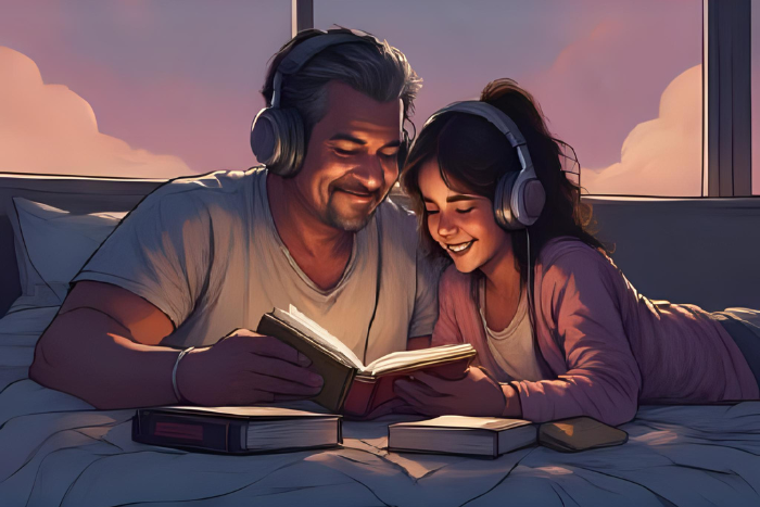 Pai e filha adolescentes lendo juntos ou ouvindo música (rock) com fones compartilhados. A cena transmite afinidade emocional, interesses em comum e herança afetiva, mesmo sem laço genético.