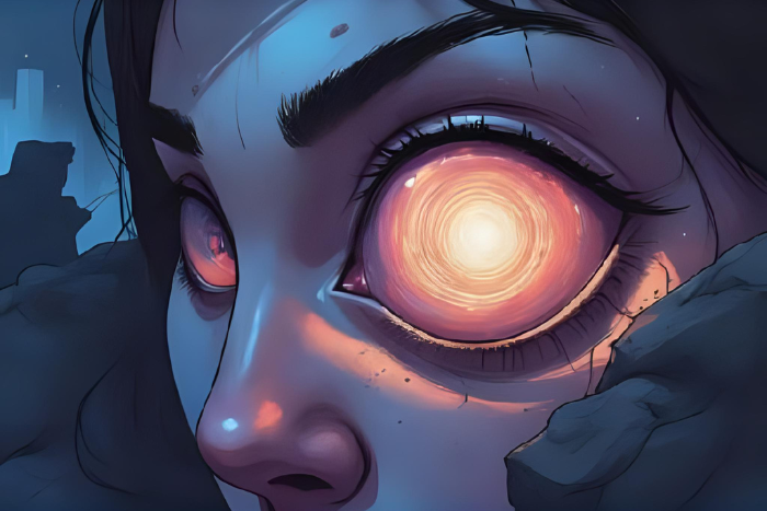 Estilo anime mostrando um rosto com olhos fechados projetando cenas como um cinema, com movimento em espiral, luz saindo das pálpebras, toque onírico.