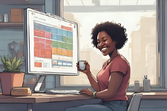 Ilustração com tela de calendário digital segmentado por cores, personagem sorrindo e apontando para a tela com café na mão, ambiente leve e moderno.