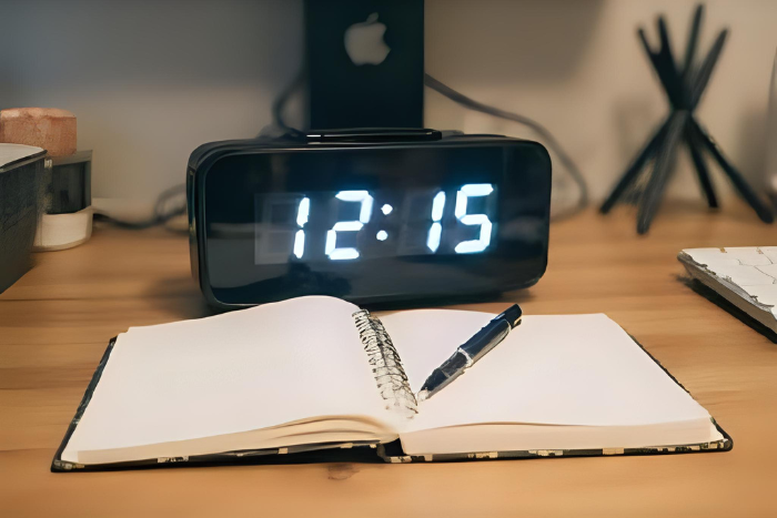 Relógio digital sobre mesa de trabalho com agenda aberta, foco em gestão de tempo no home office.