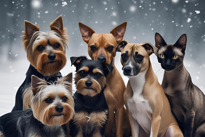 Imagem de cachorros da raça, yorkishire, Chihuahua, Pinscher, Whippet/Galgo e Gatos Siameses, mostrando que estão com muito frio.