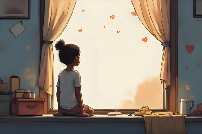 Criança olhando pela janela, sonhadora, com ar de esperança. Luz suave, clima contemplativo. Pode ter elementos simbólicos como uma carta, corações ou pegadas. Sensação de espera, fé e amor por vir.