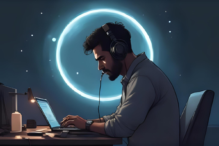 Pessoa com fone de ouvido isolada do mundo ao redor, mergulhada no trabalho, fundo escuro com halo de luz focado no caderno.
