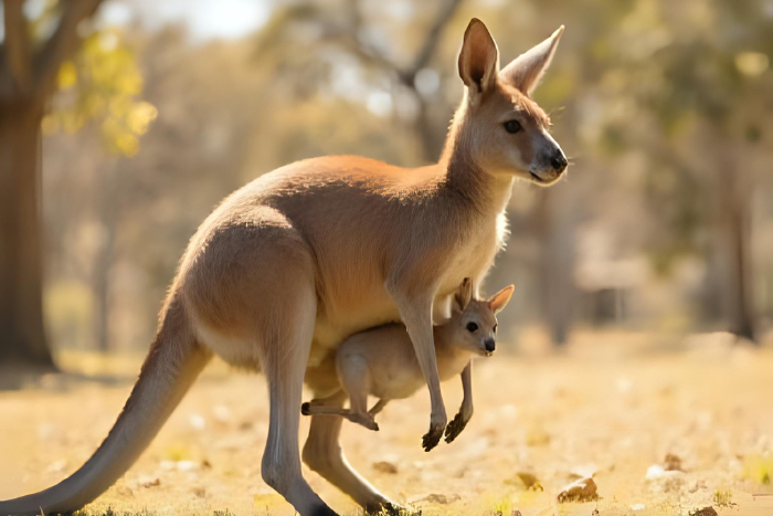 Canguru com filhote na bolsa, pulando em paisagem australiana. Destaque para a bolsa marsupial e sensação de movimento alegre.