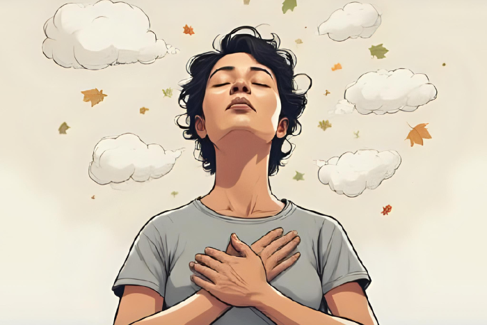 Pessoa com olhos fechados e mão no peito, em postura de aceitação. Ao redor, símbolos de pensamentos passando como folhas ou nuvens, sem serem tocados.