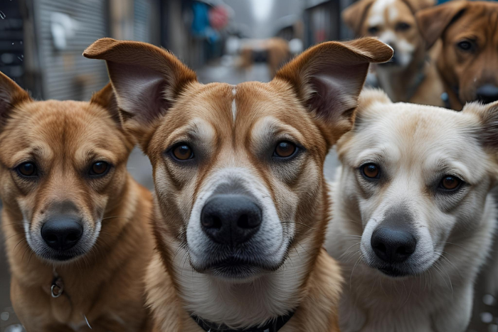 Imagem de cachorros e Animais de rua no frio, com uma carinha triste.