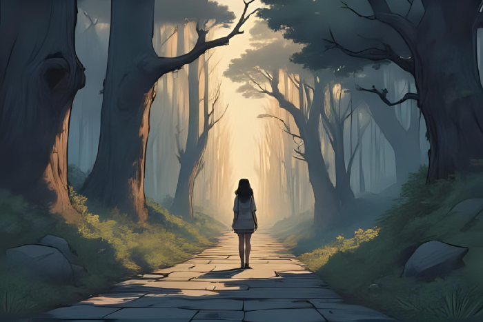 o Mulher em uma encruzilhada, olhando para um caminho iluminado e diferente, enquanto o caminho anterior está escuro. Simboliza uma decisão transformadora e um novo começo.