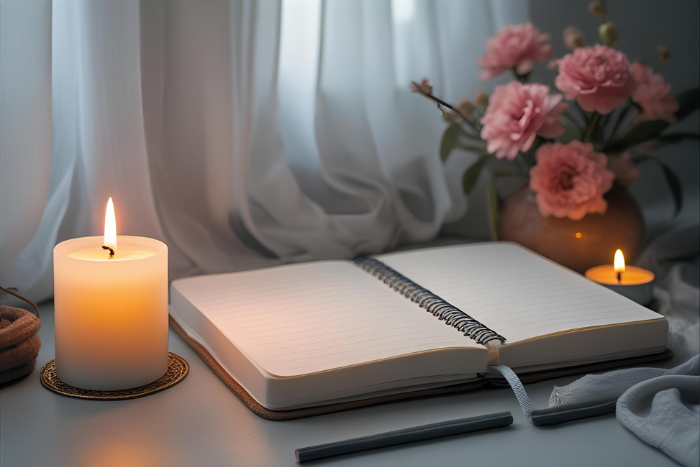 Caderno de anotações com vela acesa ao lado, ambiente calmo e suave, ideal para rituais pessoais e journaling.